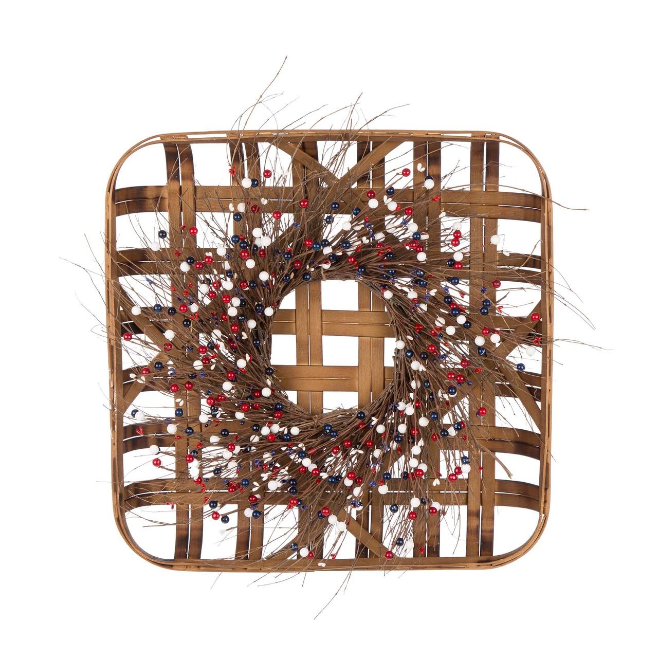 Glitzhome&#xAE; 24&#x22; Wooden Tobacco Basket with Patriotic Berry Wreath